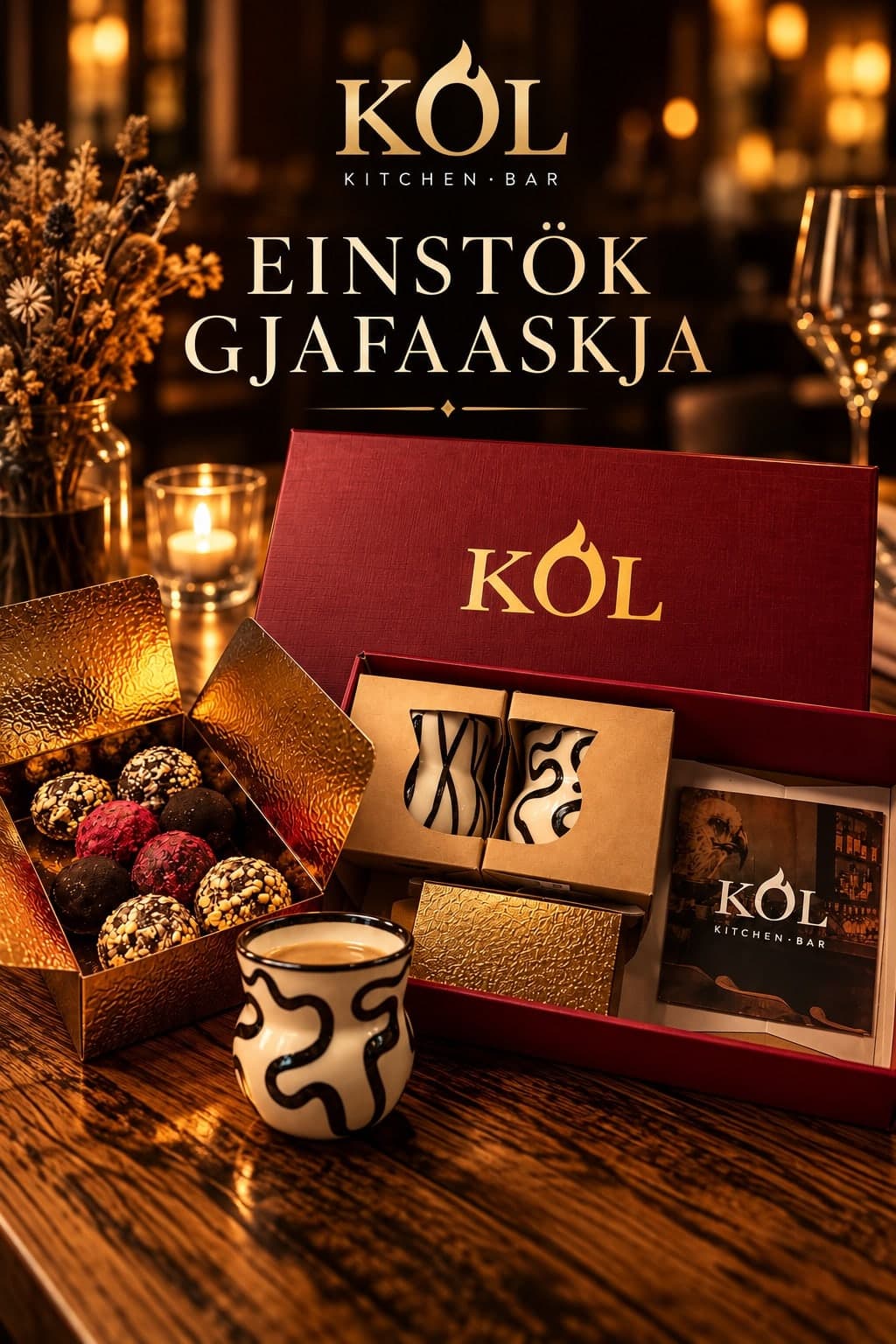 KOL x Inga Elín Design Christmas gift box: a red box with two handmade coffee cups and a brunch gift card, beside a golden box of Kolamolar chocolates.